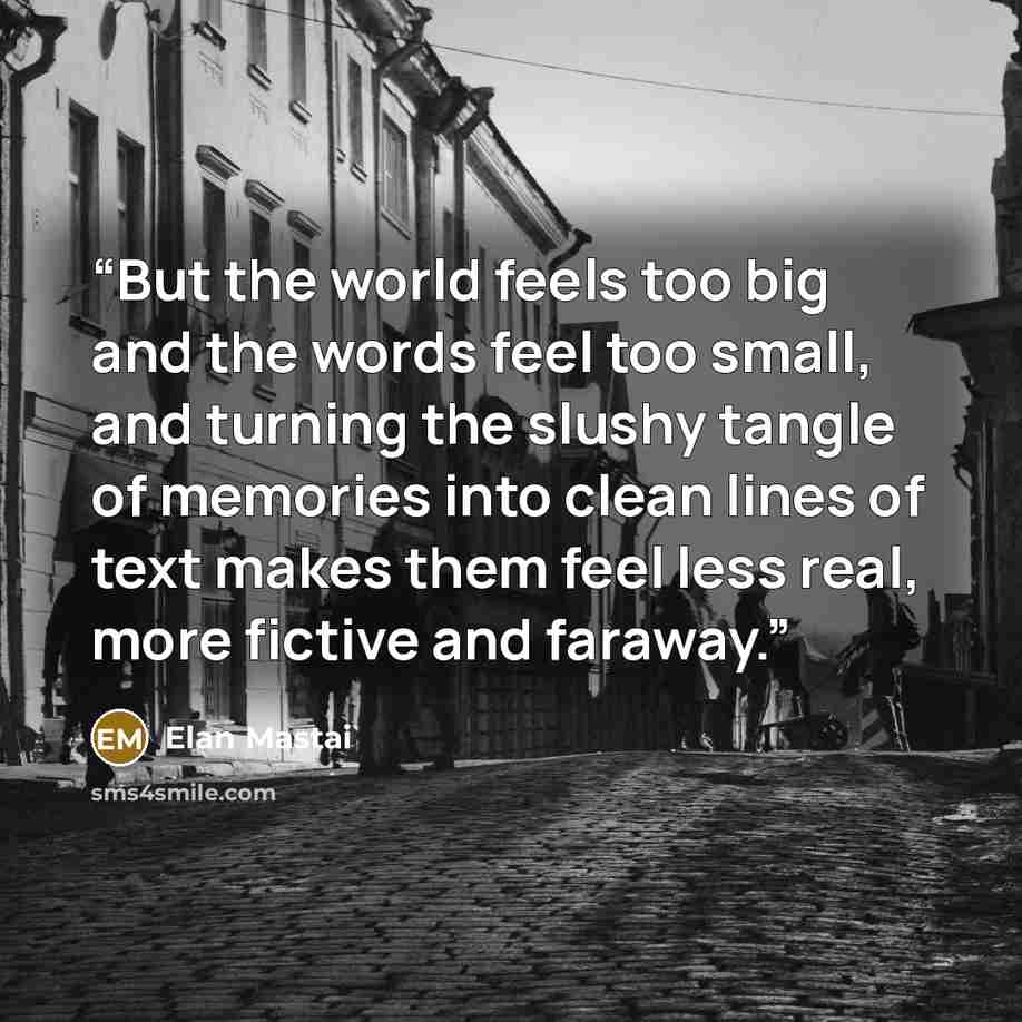 “But the world feels too big and the words feel too small, and turning the slushy tangle of memories into clean lines of text makes them feel less real, more fictive and faraway.” quote by Elan Mastai