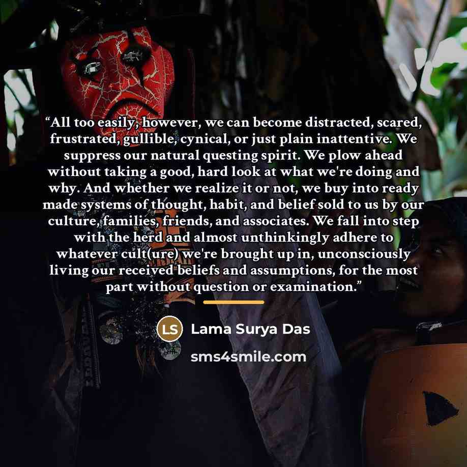 “All too easily, however, we can become distracted, scared, frustrated, gullible, cynical, or just plain inattentive. We suppress our natural questing spirit. We plow ahead without taking a good, hard look at what we're doing and why. And whether we realize it or not, we buy into ready made systems…” quote by Lama Surya Das