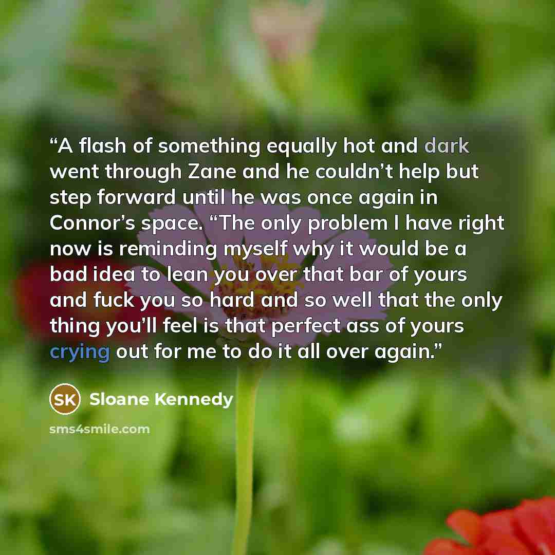 “A flash of something equally hot and dark went through Zane and he couldn’t help but step forward until he was once again in Connor’s space. “The only problem I have right now is reminding myself why it would be a bad idea to lean you over that bar of yours and fuck you so hard and so well that…” quote by Sloane Kennedy