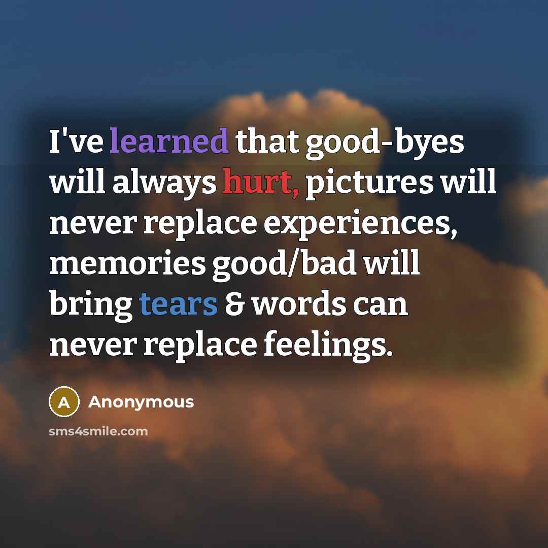 “I've learned that good-byes will always hurt, pictures will never replace experiences, memories good/bad will bring tears & words can never replace feelings.” quote by Anonymous