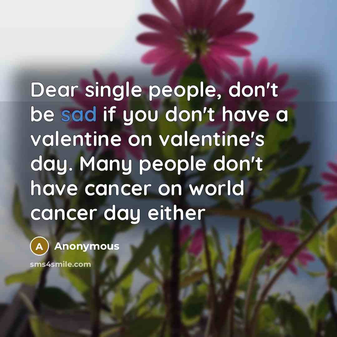 “Dear single people, don't be sad if you don't have a valentine on valentine's day. Many people don't have cancer on world cancer day either” quote by Anonymous