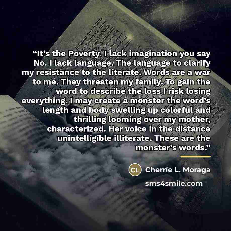 “It’s the Poverty. I lack imagination you say No. I lack language. The language to clarify my resistance to the literate. Words are a war to me. They threaten my family. To gain the word to describe the loss I risk losing everything. I may create a monster the word’s length and body swelling up…” quote by Cherríe L. Moraga