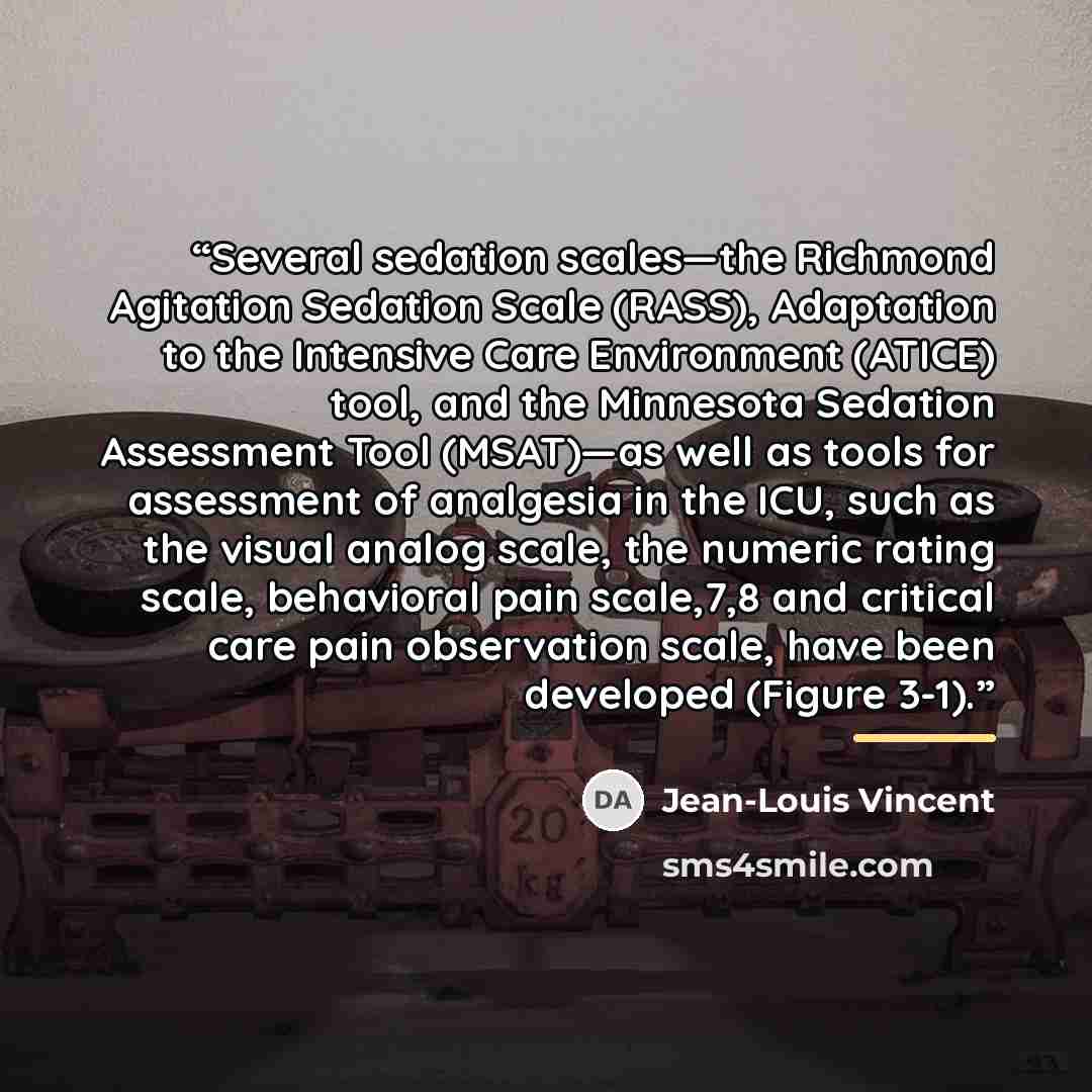 “Several sedation scales—the Richmond Agitation Sedation Scale (RASS), Adaptation to the Intensive Care Environment (ATICE) tool, and the Minnesota Sedation Assessment Tool (MSAT)—as well as tools for assessment of analgesia in the ICU, such as the visual analog scale, the numeric rating scale…” quote by Jean-Louis Vincent