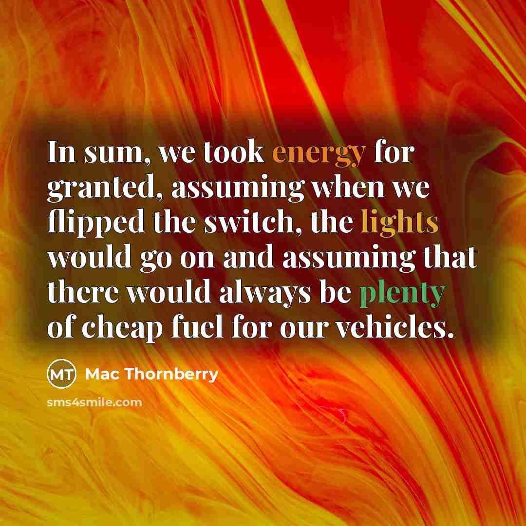 “In sum, we took energy for granted, assuming when we flipped the switch, the lights would go on and assuming that there would always be plenty of cheap fuel for our vehicles.” quote by Mac Thornberry