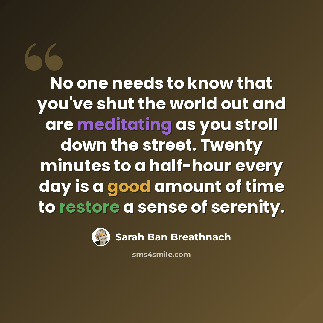 “No one needs to know that you've shut the world out and are meditating as you stroll down the street. Twenty minutes to a half-hour every day is a good amount of time to restore a sense of serenity.” quote by Sarah Ban Breathnach