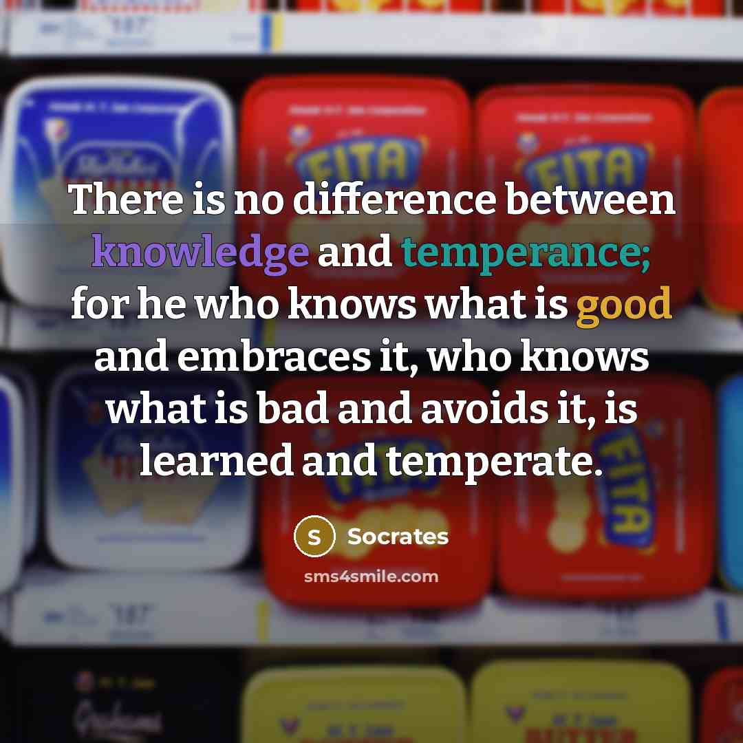 “There is no difference between knowledge and temperance; for he who knows what is good and embraces it, who knows what is bad and avoids it, is learned and temperate.” quote by Socrates