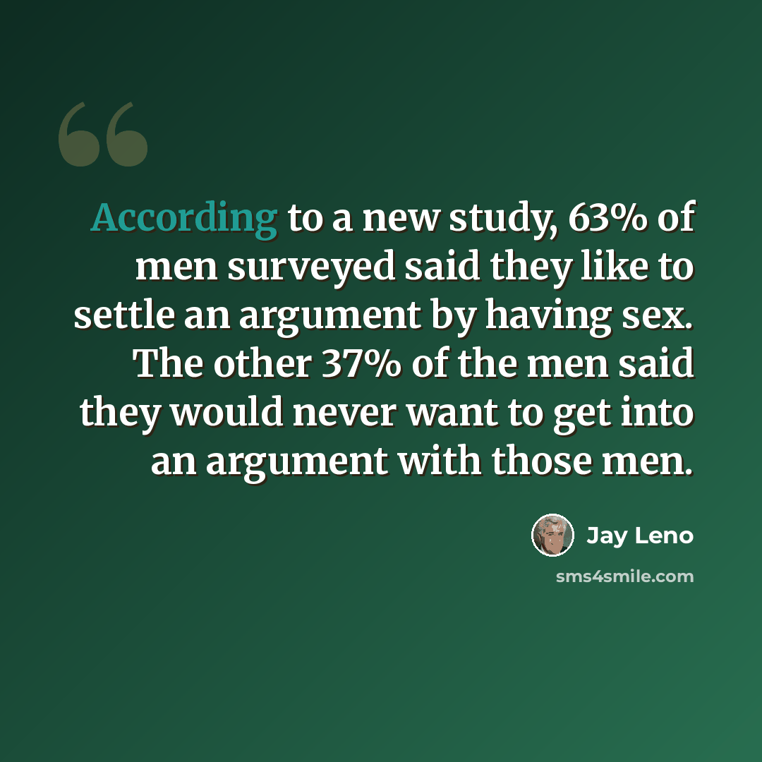 “According to a new study, 63% of men surveyed said they like to settle an argument by having sex. The other 37% of the men said they would never want to get into an argument with those men.” quote by Jay Leno