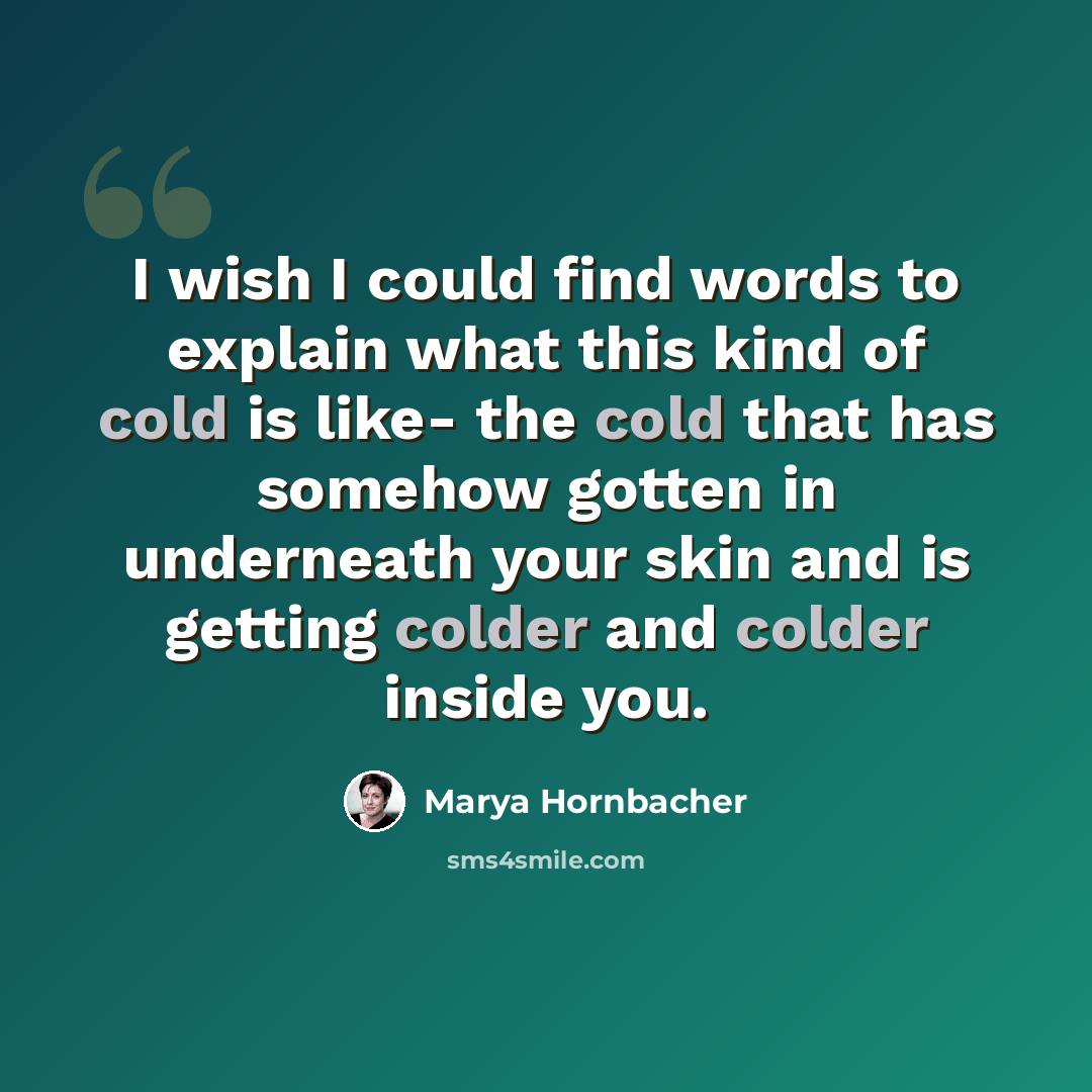“I wish I could find words to explain what this kind of cold is like- the cold that has somehow gotten in underneath your skin and is getting colder and colder inside you.” quote by Marya Hornbacher
