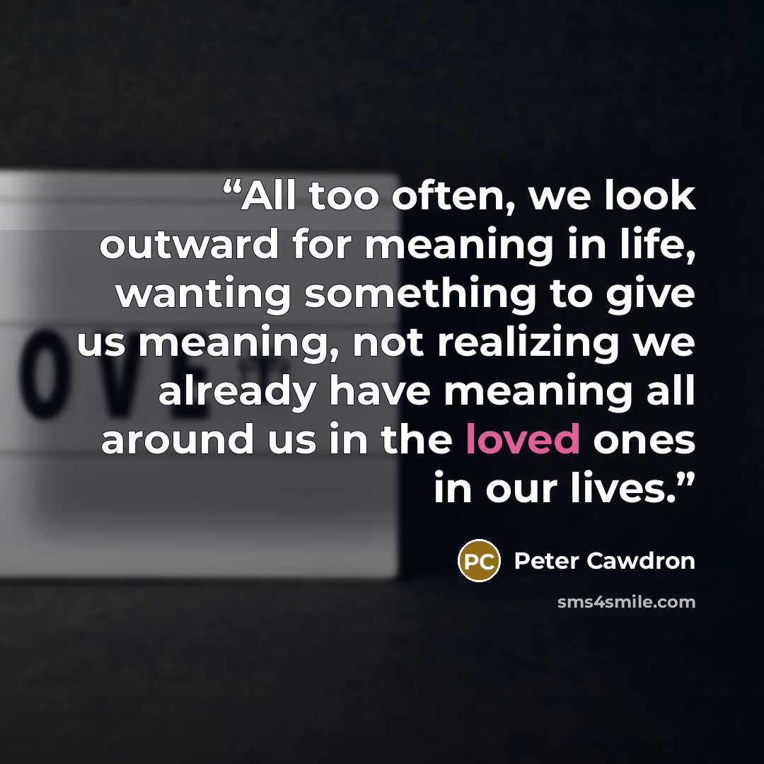 “All too often, we look outward for meaning in life, wanting something to give us meaning, not realizing we already have meaning all around us in the loved ones in our lives.” quote by Peter Cawdron