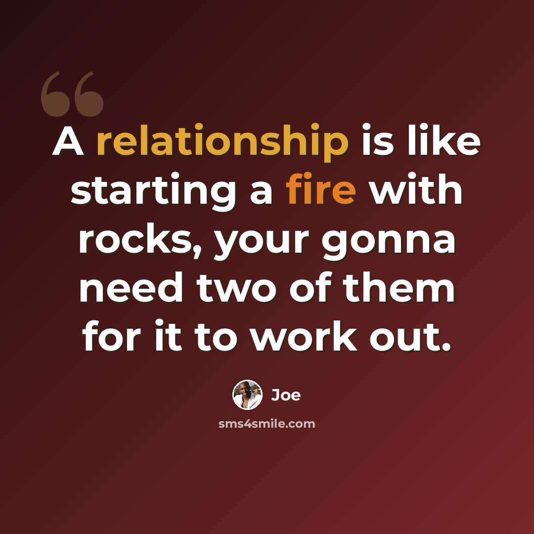 “A relationship is like starting a fire with rocks, your gonna need two of them for it to work out.” quote by Joe