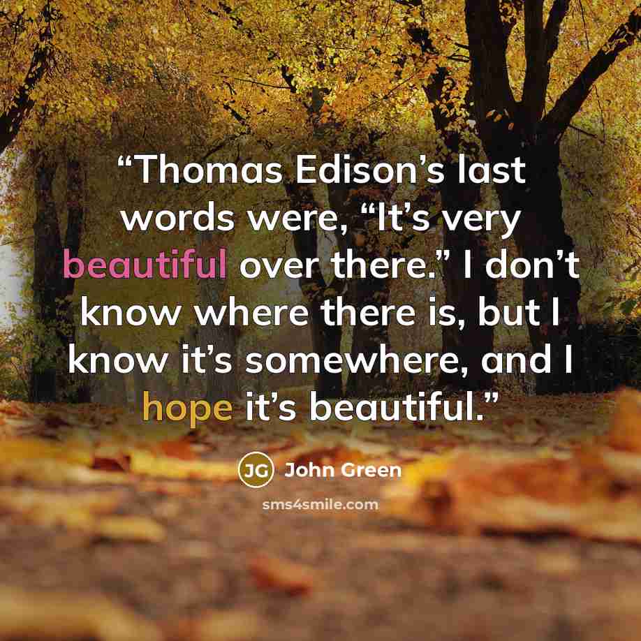 “Thomas Edison’s last words were, “It’s very beautiful over there.” I don’t know where there is, but I know it’s somewhere, and I hope it’s beautiful.” quote by John Green