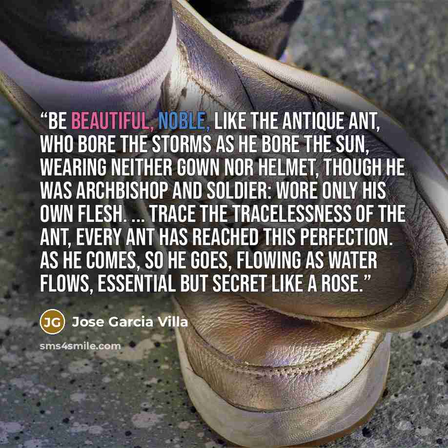 “Be beautiful, noble, like the antique ant, Who bore the storms as he bore the sun, Wearing neither gown nor helmet, Though he was archbishop and soldier: Wore only his own flesh. ... Trace the tracelessness of the ant, Every ant has reached this perfection. As he comes, so he goes, Flowing as…” quote by Jose Garcia Villa