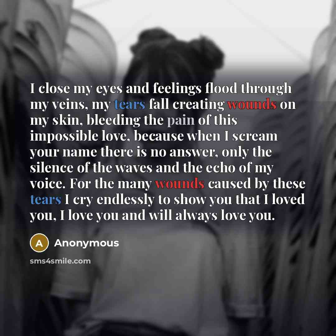 “I close my eyes and feelings flood through my veins, my tears fall creating wounds on my skin, bleeding the pain of this impossible love, because when I scream your name there is no answer, only the silence of the waves and the echo of my voice. For the many wounds caused by these tears I cry…” quote by Anonymous