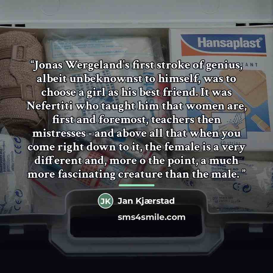 “Jonas Wergeland's first stroke of genius, albeit unbeknownst to himself, was to choose a girl as his best friend. It was Nefertiti who taught him that women are, first and foremost, teachers then mistresses - and above all that when you come right down to it, the female is a very different and…” quote by Jan Kjærstad