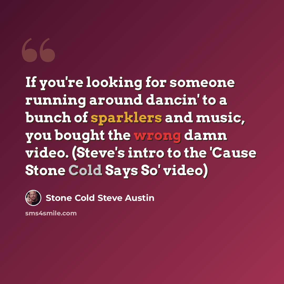 “If you're looking for someone running around dancin' to a bunch of sparklers and music, you bought the wrong damn video. (Steve's intro to the 'Cause Stone Cold Says So' video)” quote by Stone Cold Steve Austin
