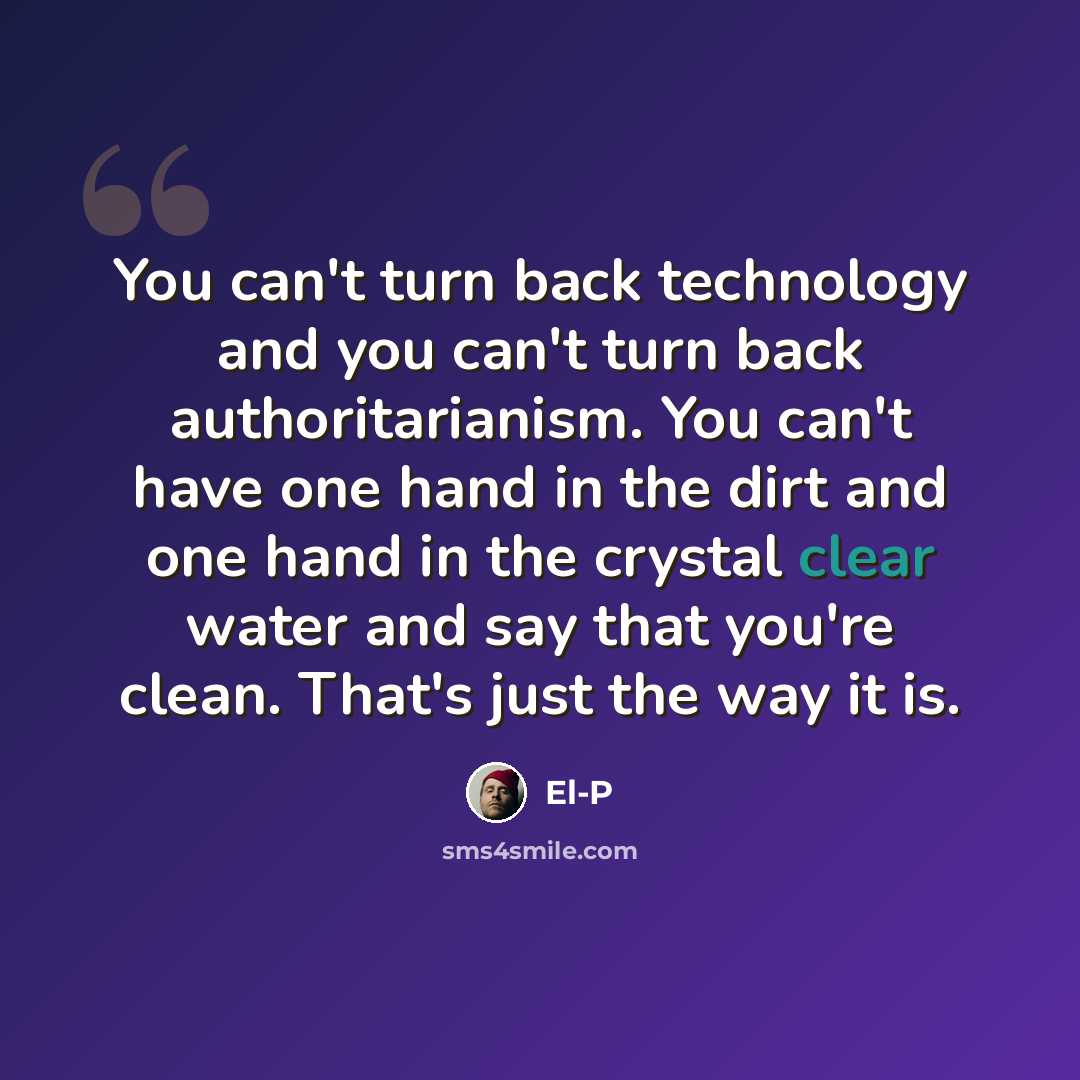 “You can't turn back technology and you can't turn back authoritarianism. You can't have one hand in the dirt and one hand in the crystal clear water and say that you're clean. That's just the way it is.” quote by El-P