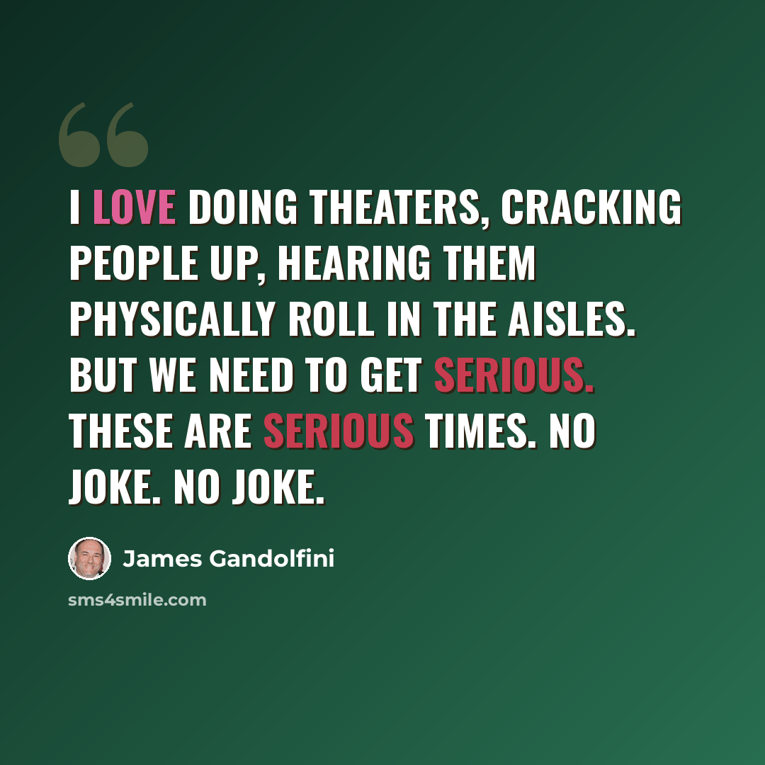 “I love doing theaters, cracking people up, hearing them physically roll in the aisles. But we need to get serious. These are serious times. No joke. No joke.” quote by James Gandolfini