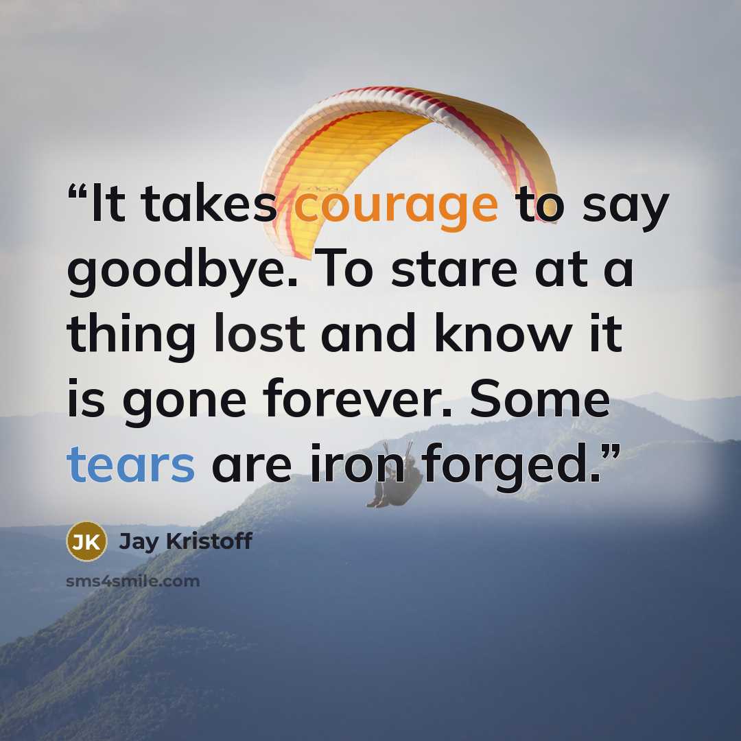 “It takes courage to say goodbye. To stare at a thing lost and know it is gone forever. Some tears are iron forged.” quote by Jay Kristoff