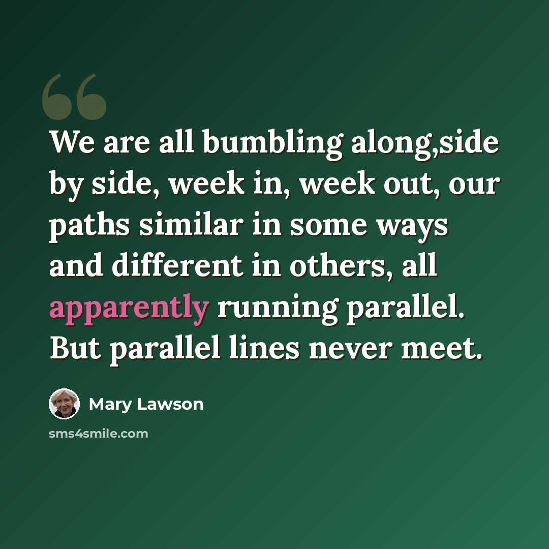 “We are all bumbling along,side by side, week in, week out, our paths similar in some ways and different in others, all apparently running parallel. But parallel lines never meet.” quote by Mary Lawson