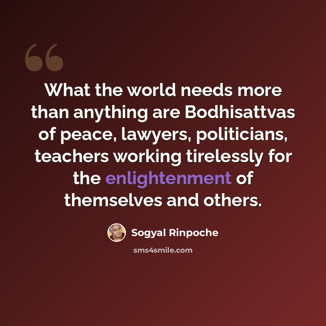 “What the world needs more than anything are Bodhisattvas of peace, lawyers, politicians, teachers working tirelessly for the enlightenment of themselves and others.” quote by Sogyal Rinpoche