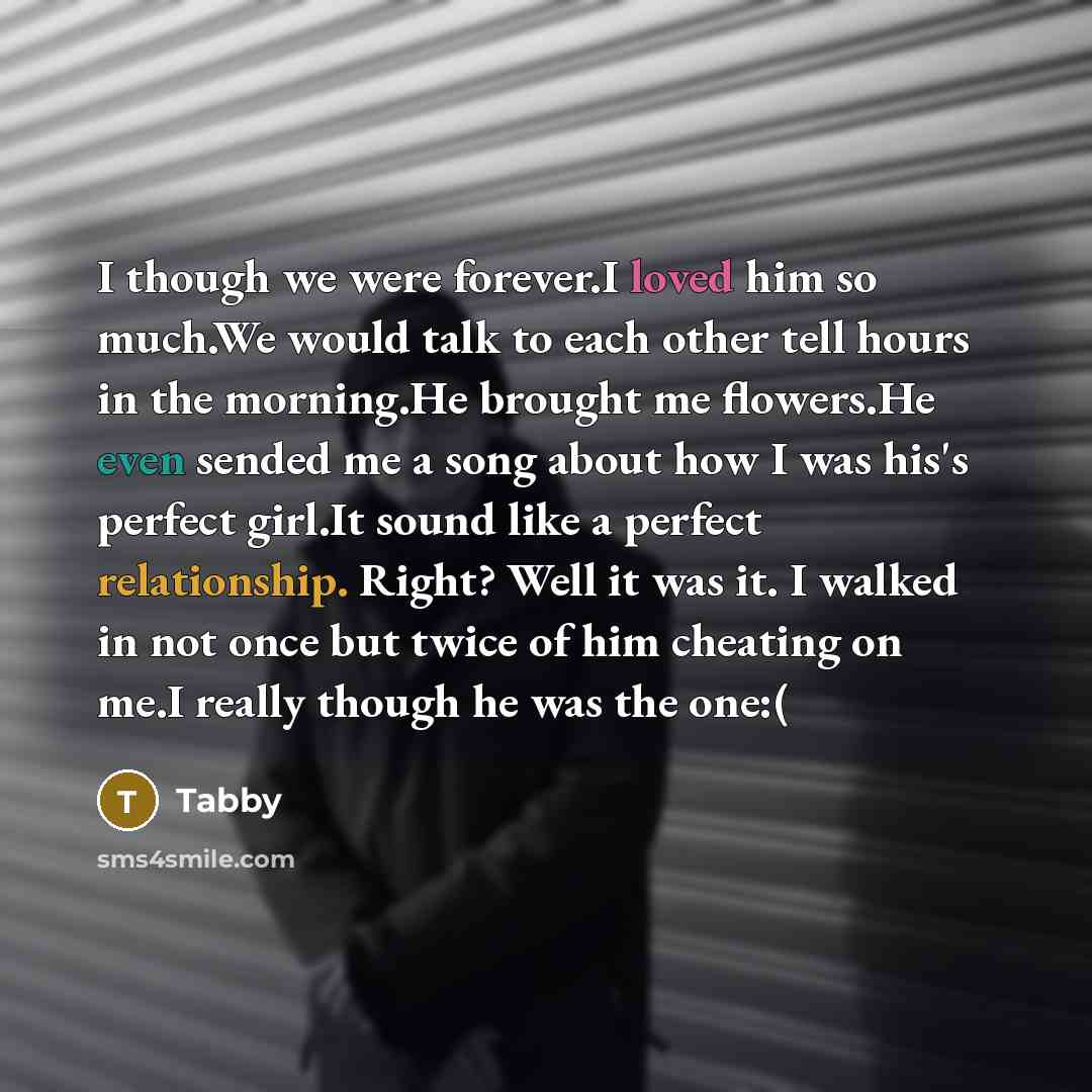 “I though we were forever.I loved him so much.We would talk to each other tell hours in the morning.He brought me flowers.He even sended me a song about how I was his's perfect girl.It sound like a perfect relationship. Right? Well it was it. I walked in not once but twice of him cheating on me.I…” quote by Tabby