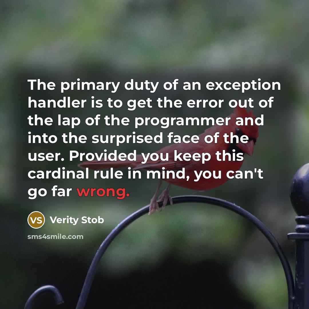 “The primary duty of an exception handler is to get the error out of the lap of the programmer and into the surprised face of the user. Provided you keep this cardinal rule in mind, you can't go far wrong.” quote by Verity Stob