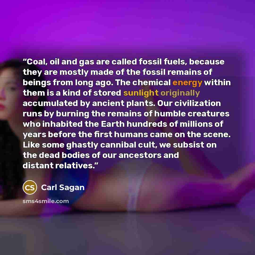 “Coal, oil and gas are called fossil fuels, because they are mostly made of the fossil remains of beings from long ago. The chemical energy within them is a kind of stored sunlight originally accumulated by ancient plants. Our civilization runs by burning the remains of humble creatures who…” quote by Carl Sagan