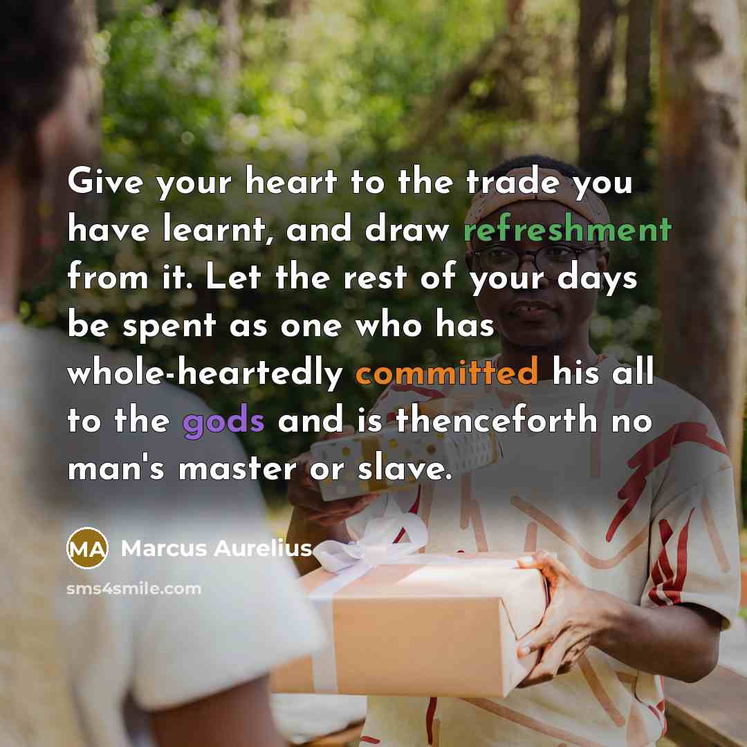 “Give your heart to the trade you have learnt, and draw refreshment from it. Let the rest of your days be spent as one who has whole-heartedly committed his all to the gods and is thenceforth no man's master or slave.” quote by Marcus Aurelius