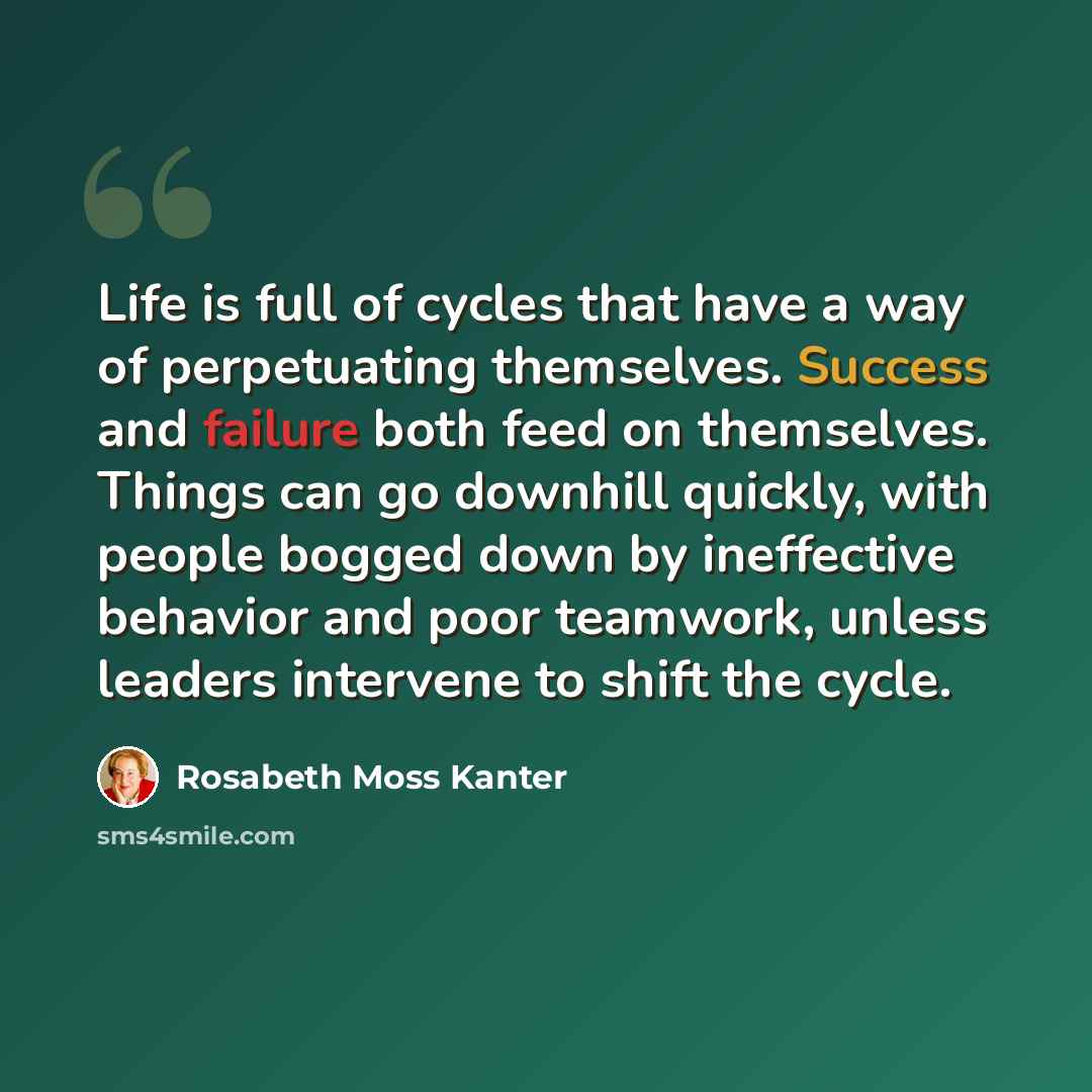 “Life is full of cycles that have a way of perpetuating themselves. Success and failure both feed on themselves. Things can go downhill quickly, with people bogged down by ineffective behavior and poor teamwork, unless leaders intervene to shift the cycle.” quote by Rosabeth Moss Kanter