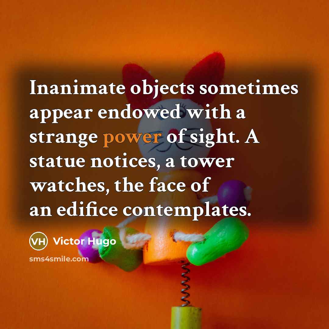 “Inanimate objects sometimes appear endowed with a strange power of sight. A statue notices, a tower watches, the face of an edifice contemplates.” quote by Victor Hugo