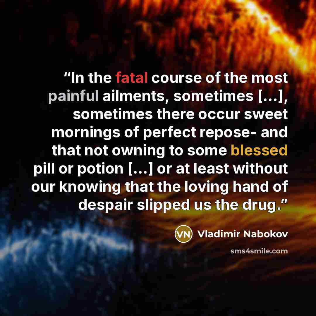 “In the fatal course of the most painful ailments, sometimes […], sometimes there occur sweet mornings of perfect repose- and that not owning to some blessed pill or potion […] or at least without our knowing that the loving hand of despair slipped us the drug.” quote by Vladimir Nabokov