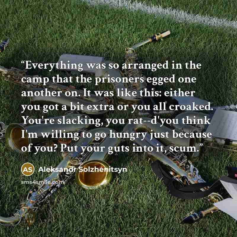 “Everything was so arranged in the camp that the prisoners egged one another on. It was like this: either you got a bit extra or you all croaked. You're slacking, you rat--d'you think I'm willing to go hungry just because of you? Put your guts into it, scum.” quote by Aleksandr Solzhenitsyn