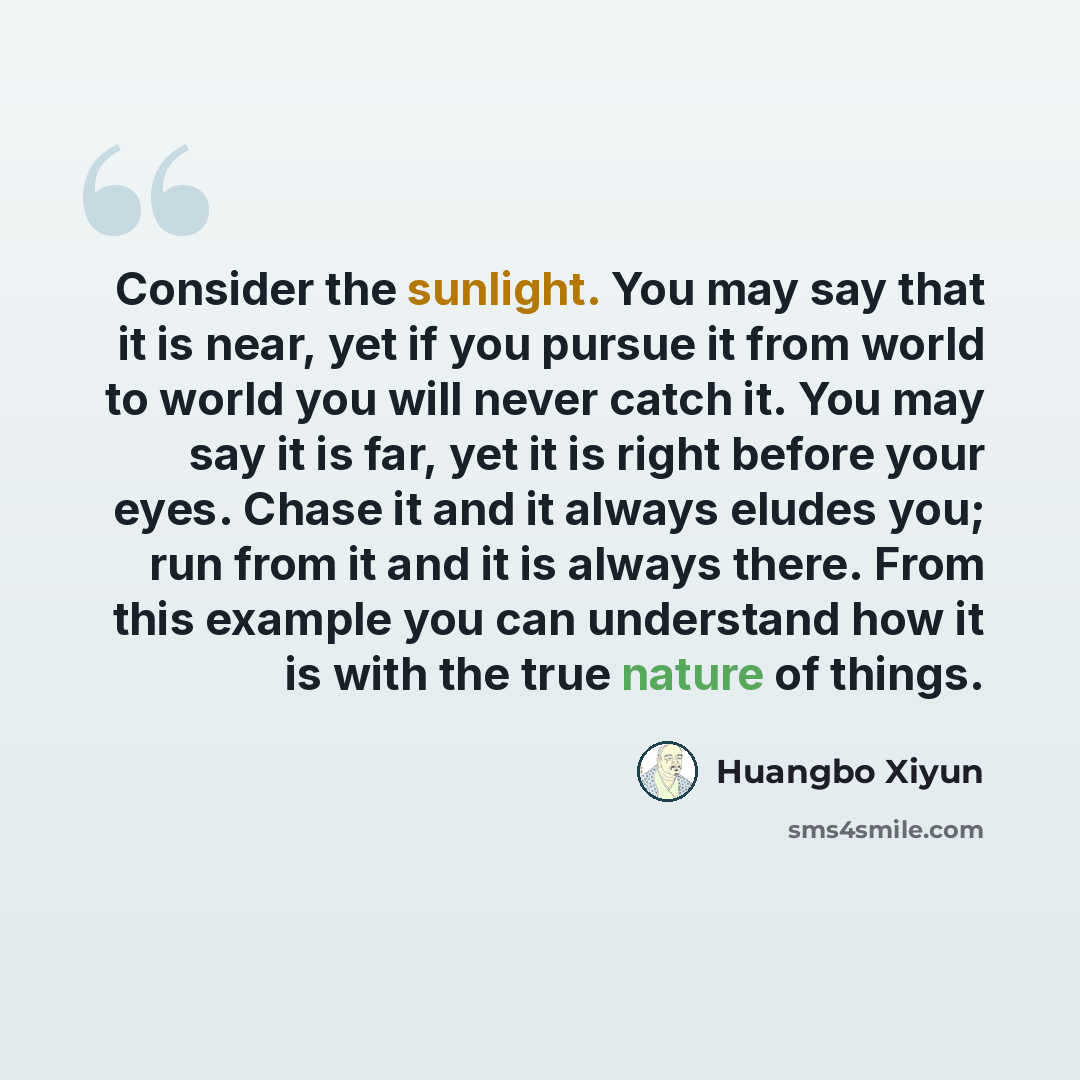 “Consider the sunlight. You may say that it is near, yet if you pursue it from world to world you will never catch it. You may say it is far, yet it is right before your eyes. Chase it and it always eludes you; run from it and it is always there. From this example you can understand how it is with…” quote by Huangbo Xiyun