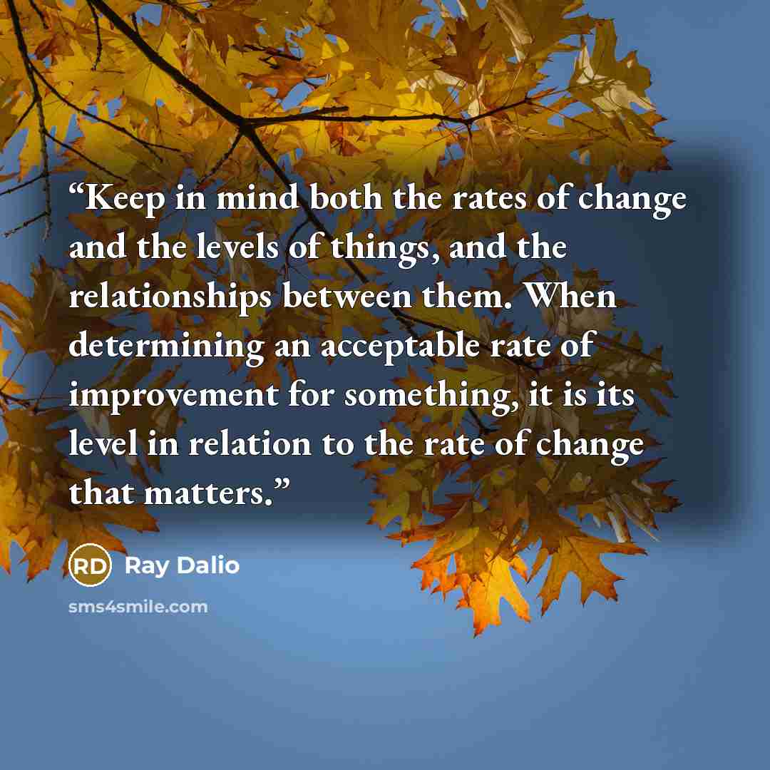 “Keep in mind both the rates of change and the levels of things, and the relationships between them. When determining an acceptable rate of improvement for something, it is its level in relation to the rate of change that matters.” quote by Ray Dalio