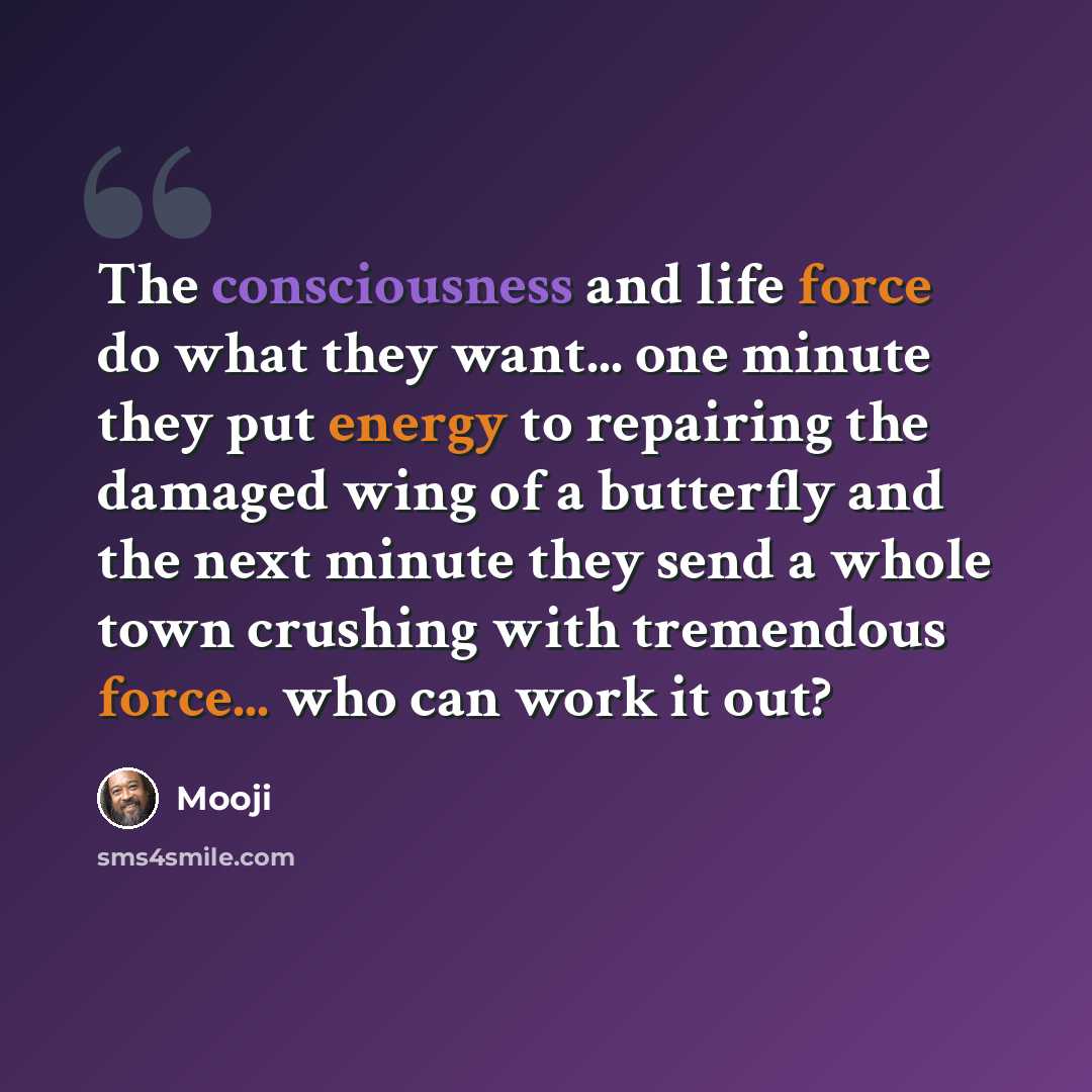 “The consciousness and life force do what they want... one minute they put energy to repairing the damaged wing of a butterfly and the next minute they send a whole town crushing with tremendous force... who can work it out?” quote by Mooji