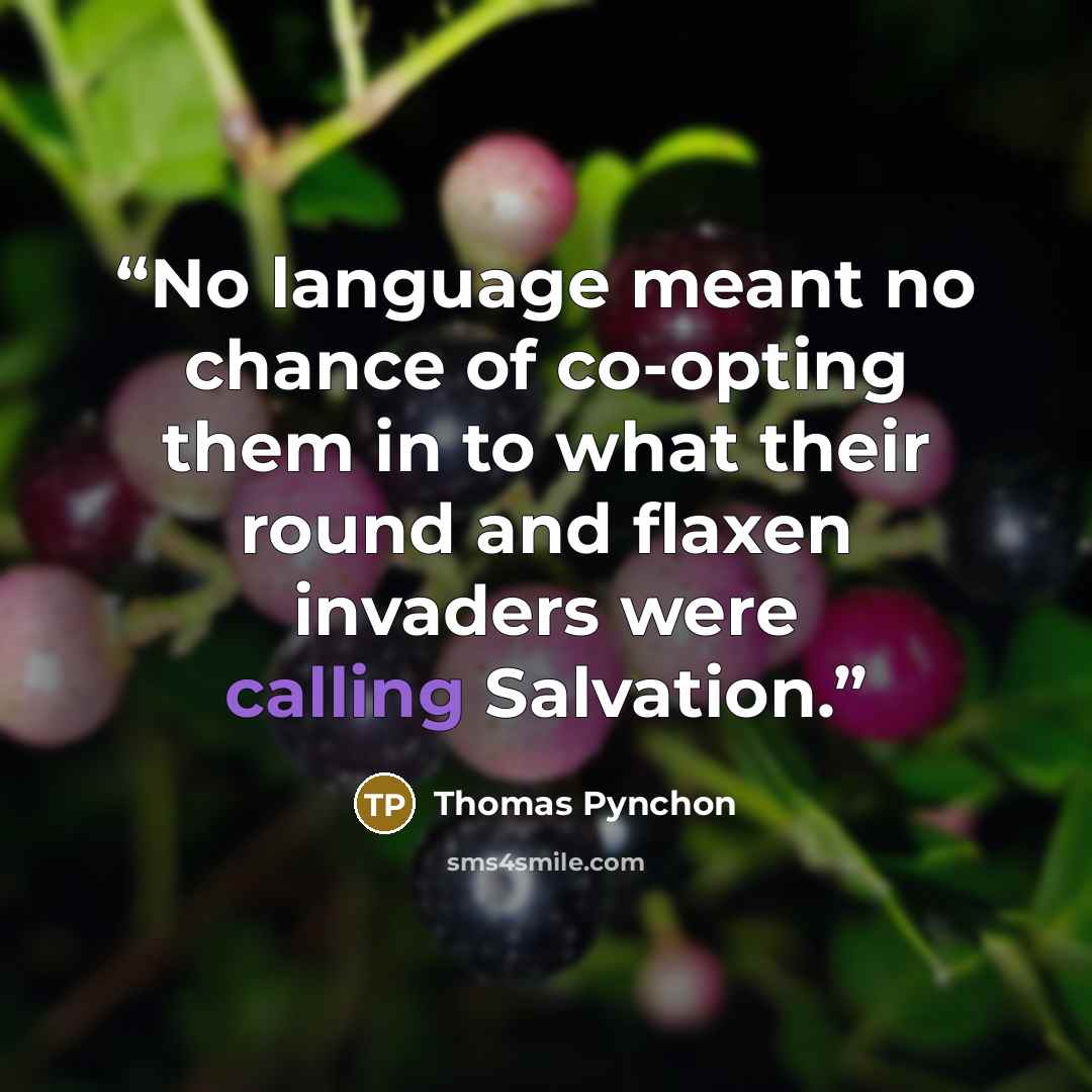 “No language meant no chance of co-opting them in to what their round and flaxen invaders were calling Salvation.” quote by Thomas Pynchon