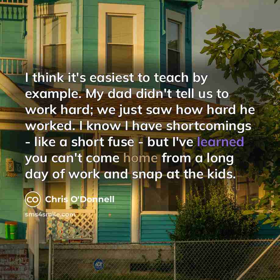 “I think it's easiest to teach by example. My dad didn't tell us to work hard; we just saw how hard he worked. I know I have shortcomings - like a short fuse - but I've learned you can't come home from a long day of work and snap at the kids.” quote by Chris O'Donnell