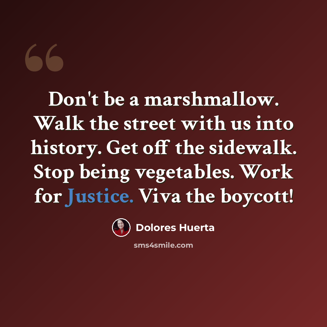 “Don't be a marshmallow. Walk the street with us into history. Get off the sidewalk. Stop being vegetables. Work for Justice. Viva the boycott!” quote by Dolores Huerta