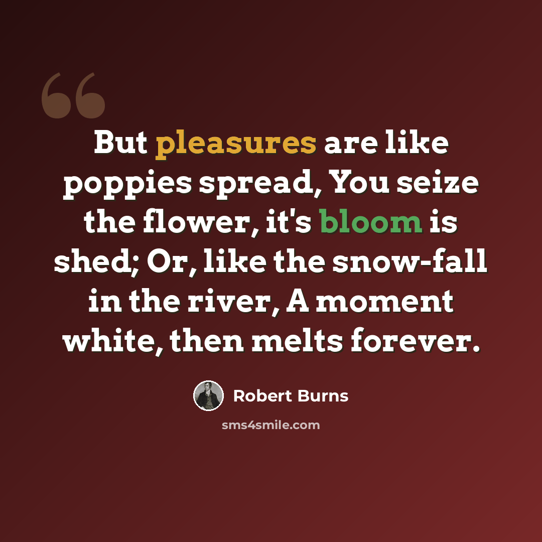 “But pleasures are like poppies spread, You seize the flower, it's bloom is shed; Or, like the snow-fall in the river, A moment white, then melts forever.” quote by Robert Burns