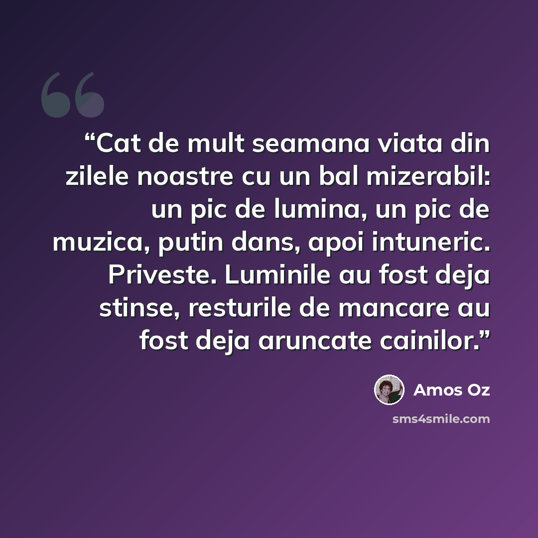 “Cat de mult seamana viata din zilele noastre cu un bal mizerabil: un pic de lumina, un pic de muzica, putin dans, apoi intuneric. Priveste. Luminile au fost deja stinse, resturile de mancare au fost deja aruncate cainilor.” quote by Amos Oz