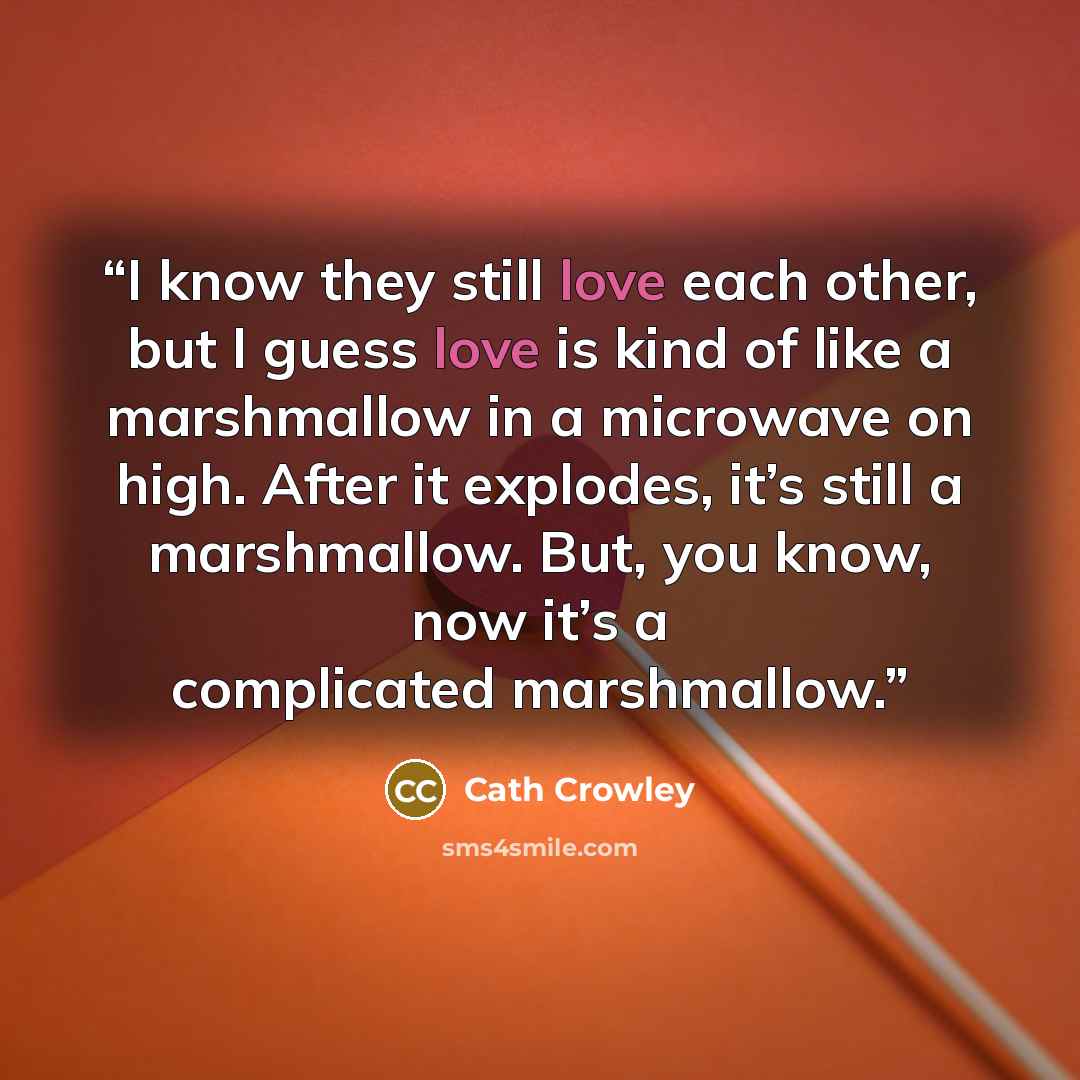 “I know they still love each other, but I guess love is kind of like a marshmallow in a microwave on high. After it explodes, it’s still a marshmallow. But, you know, now it’s a complicated marshmallow.” quote by Cath Crowley