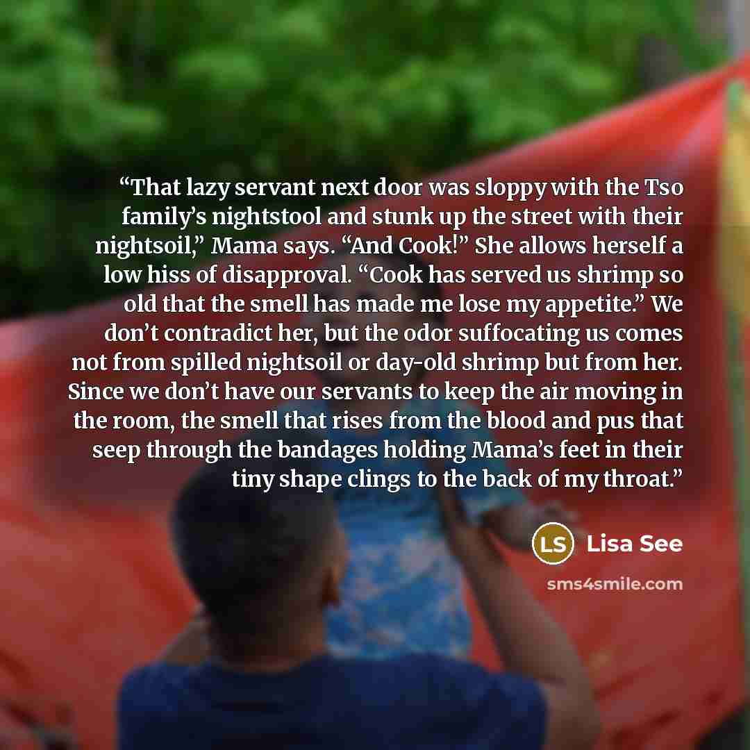 “That lazy servant next door was sloppy with the Tso family’s nightstool and stunk up the street with their nightsoil,” Mama says. “And Cook!” She allows herself a low hiss of disapproval. “Cook has served us shrimp so old that the smell has made me lose my appetite.” We don’t contradict her, but…” quote by Lisa See