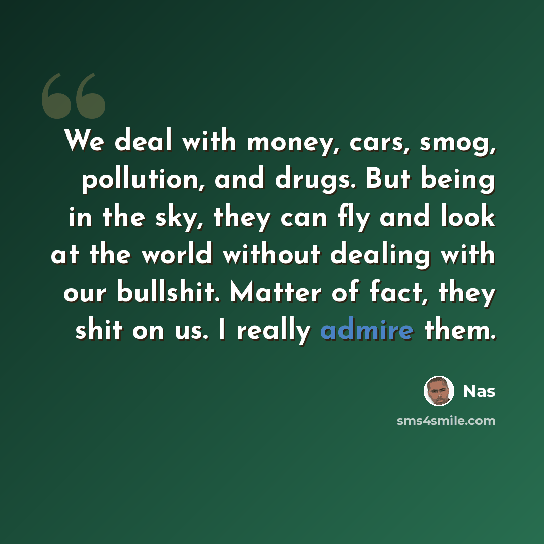 “We deal with money, cars, smog, pollution, and drugs. But being in the sky, they can fly and look at the world without dealing with our bullshit. Matter of fact, they shit on us. I really admire them.” quote by Nas