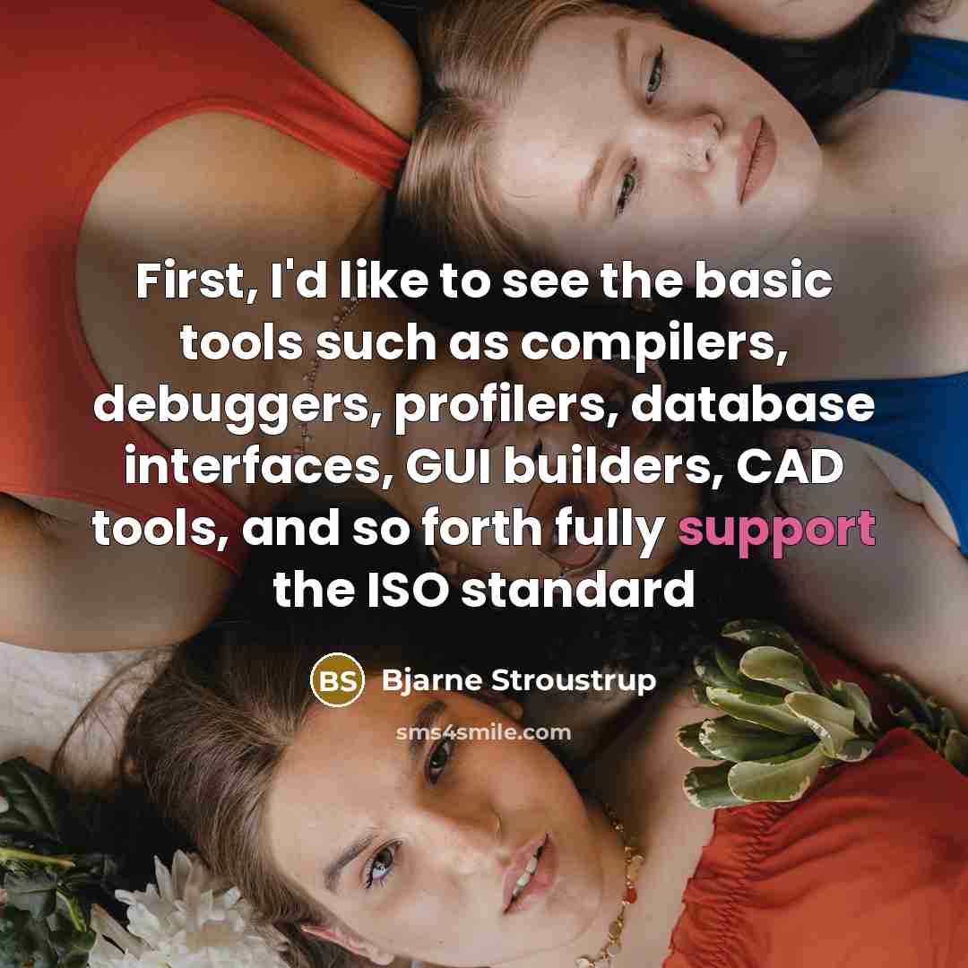 “First, I'd like to see the basic tools such as compilers, debuggers, profilers, database interfaces, GUI builders, CAD tools, and so forth fully support the ISO standard” quote by Bjarne Stroustrup