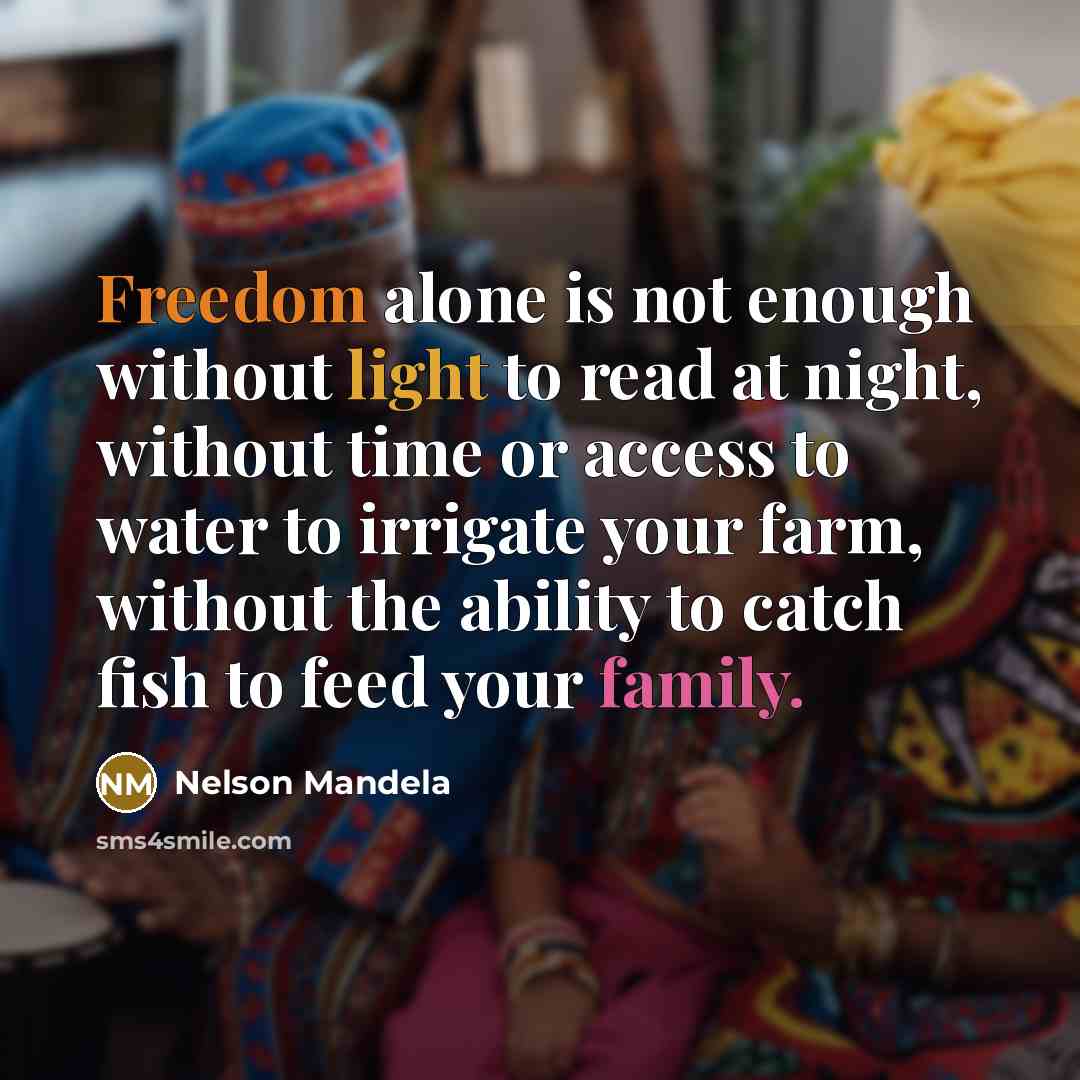 “Freedom alone is not enough without light to read at night, without time or access to water to irrigate your farm, without the ability to catch fish to feed your family.” quote by Nelson Mandela
