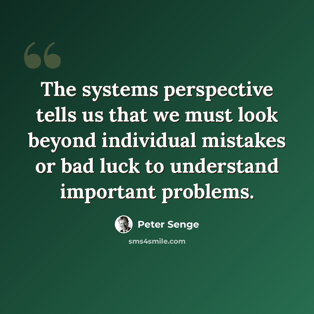 “The systems perspective tells us that we must look beyond individual mistakes or bad luck to understand important problems.” quote by Peter Senge
