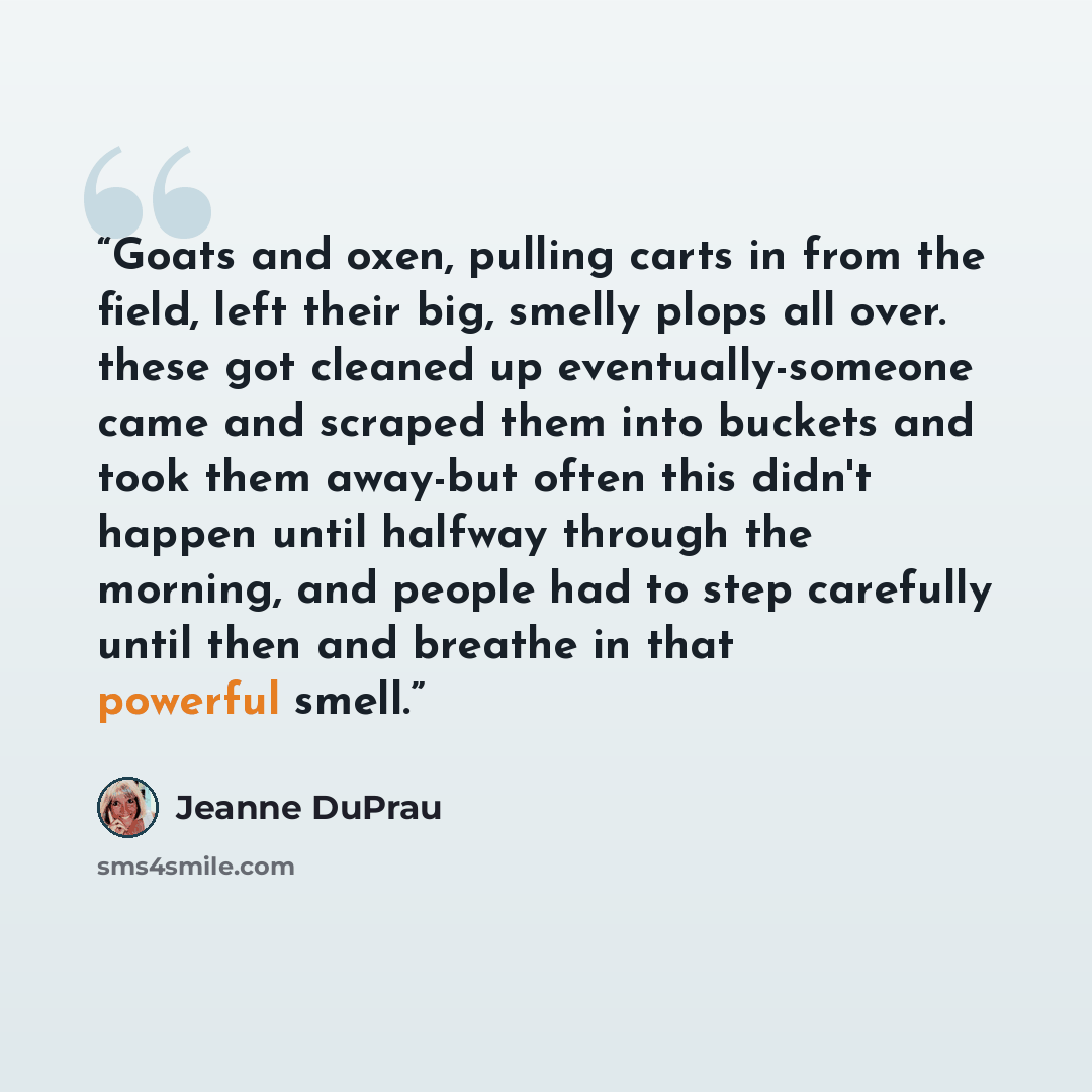 “Goats and oxen, pulling carts in from the field, left their big, smelly plops all over. these got cleaned up eventually-someone came and scraped them into buckets and took them away-but often this didn't happen until halfway through the morning, and people had to step carefully until then and…” quote by Jeanne DuPrau