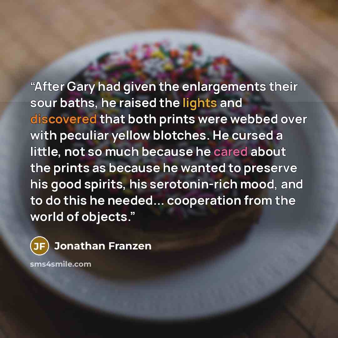 “After Gary had given the enlargements their sour baths, he raised the lights and discovered that both prints were webbed over with peculiar yellow blotches. He cursed a little, not so much because he cared about the prints as because he wanted to preserve his good spirits, his serotonin-rich mood…” quote by Jonathan Franzen