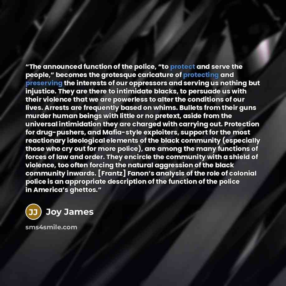 “The announced function of the police, “to protect and serve the people,” becomes the grotesque caricature of protecting and preserving the interests of our oppressors and serving us nothing but injustice. They are there to intimidate blacks, to persuade us with their violence that we are powerless…” quote by Joy James