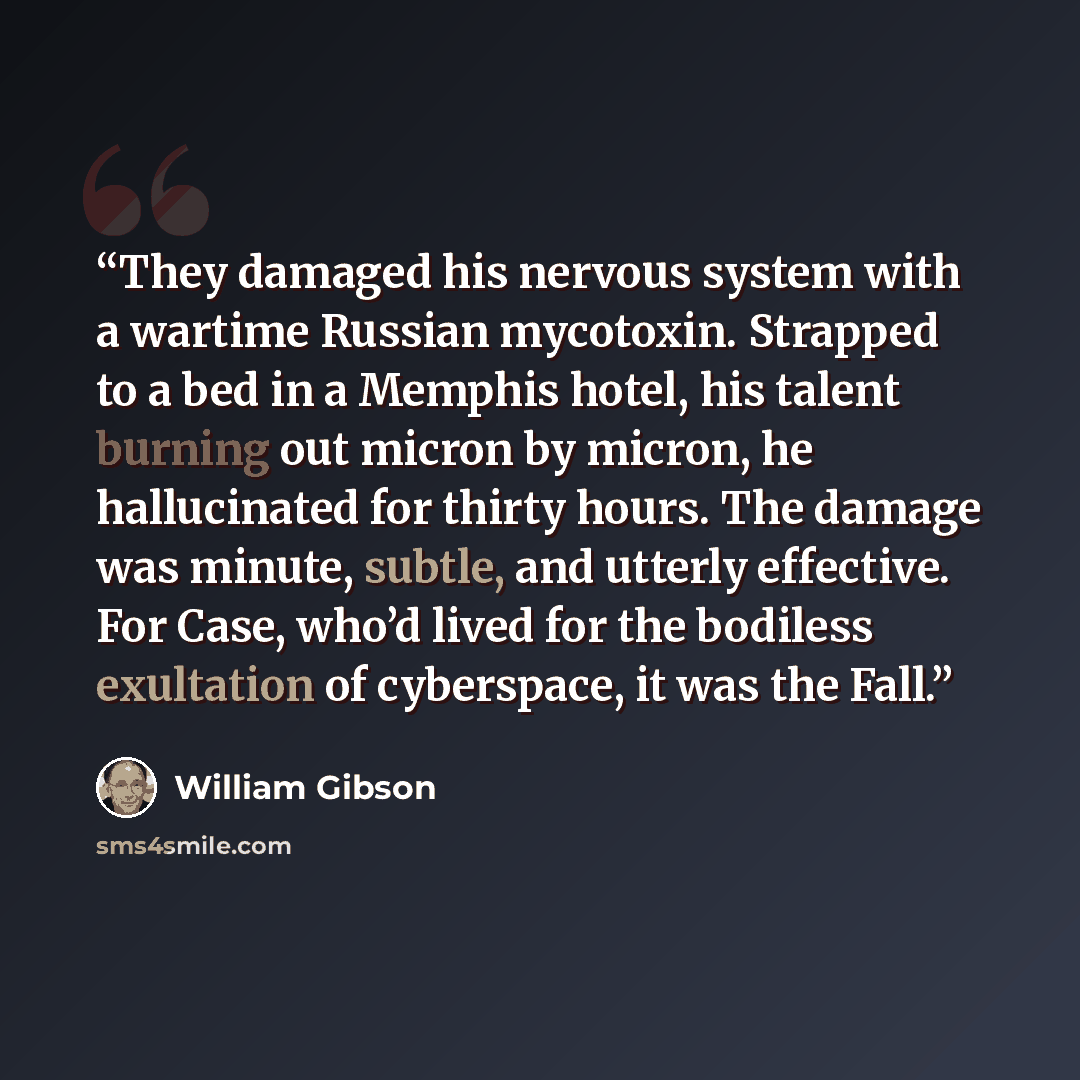 “They damaged his nervous system with a wartime Russian mycotoxin. Strapped to a bed in a Memphis hotel, his talent burning out micron by micron, he hallucinated for thirty hours. The damage was minute, subtle, and utterly effective. For Case, who’d lived for the bodiless exultation of cyberspace…” quote by William Gibson